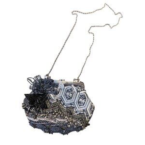 Chicos Black Grey White Flower Beaded Embellished Handbag Purse Clutch